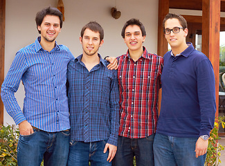 Image showing Portrait, group and young men outdoor, brothers and happiness with love, bonding and siblings. Face, happy male people and guys outside, smile and embrace with freedom, casual outfits and support