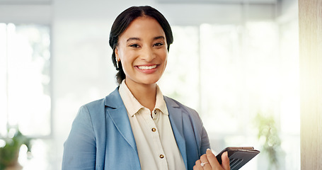 Image showing Face, leadership and black woman in startup company, business or busy office for happy career mission. Smile of young Human Resources worker, employee or person with tablet for workflow management