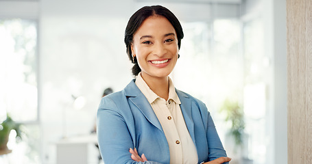 Image showing Success, face and business woman in the office with smile, confidence and positive mindset. Happiness, proud and portrait of a professional female employee from Brazil standing in a modern workplace.