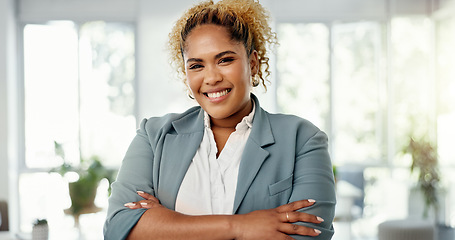 Image showing Portrait, leader and happy business woman in modern office smiling for future of company and growth. Employee, entrepreneur or worker with a positive mindset in workplace, startup or agency