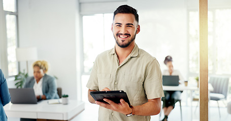 Image showing Face, tablet and happy man in office startup, creative business or busy office for digital career mission. Smile of workplace manager, employee or person with technology app for workflow management