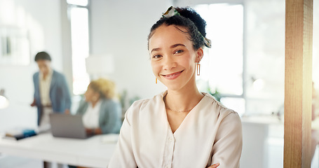 Image showing Arms crossed, pride and portrait of a business woman with confidence, happiness and smile in office. Expert, success and employee with trust, smiling and happy about job at a corporate company