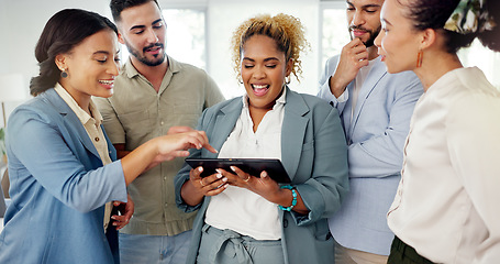 Image showing Business people with tablet, diversity and teamwork, technology and communication during team meeting. Happy employees, corporate group and discussion with digital schedule, online and collaboration