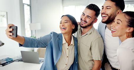 Image showing Selfie, office team and group of people in social media post, online networking update and happy diversity. Workplace inclusion, excited influencer or gen z employees or worker in profile picture