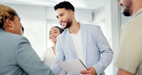 Image showing Business people, man and woman with handshake for agreement, contract and partnership in office. Group, corporate b2b onboarding and opportunity for collaboration, innovation and recruitment with hr