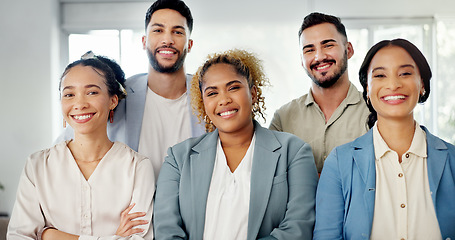 Image showing Business people, teamwork and arms crossed in office with diversity portrait, face or company vision. Group, corporate team building and collaboration for solidarity, support and friends in workplace