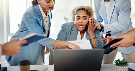 Image showing Business woman, laptop and overwhelmed with workload from colleagues multi tasking at office. Female corporate manager working or helping employees in communication with multiple tasks at workplace