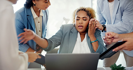 Image showing Business woman, laptop and multi tasking overwhelmed with workload from colleagues at office. Female corporate manager working or helping employees in communication with multiple tasks at workplace