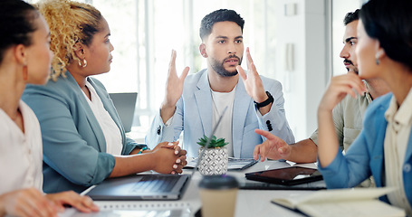 Image showing Business, man and leader with team, meeting and conversation for group project, brainstorming and sales growth target. Teamwork, male manager and staff share ideas, explain brand development and goal