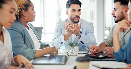 Image showing Business, man and leader with team, meeting and conversation for group project, brainstorming and sales growth target. Teamwork, male manager and staff share ideas, explain brand development and goal