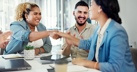 Image showing Business, woman and leader handshake employee, applause for promotion and welcome new agent. Corporate, female employee shaking hands and manager with staff clapping and celebration for achievement