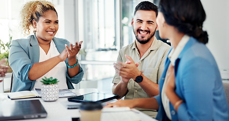 Image showing Business, woman and leader handshake employee, applause for promotion and welcome new agent. Corporate, female employee shaking hands and manager with staff clapping and celebration for achievement