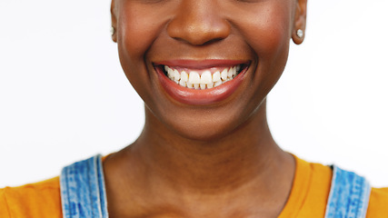 Image showing Black woman, teeth and smile for dental care, whitening or healthcare against a white studio background. Happy isolated African American female smiling for tooth, mouth or gum and oral hygiene