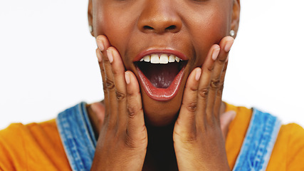 Image showing Success, shock mockup and zoom of girl with excited, crazy and comic expression for omg reaction. Surprise, wow and open mouth of black woman with hands on face for news, announcement and information