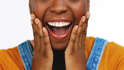 Image showing Surprise, wow and open mouth of black woman with hands on face for news, announcement and information. Success, shock mockup and zoom of girl with excited, crazy and comic expression for omg reaction