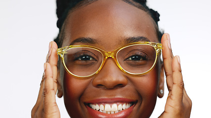 Image showing Black woman, vision and glasses, face and fashion, designer frame and fun, prescription lens isolated on white background. Happy female, laugh and pose in portrait with optometry, style and eye care