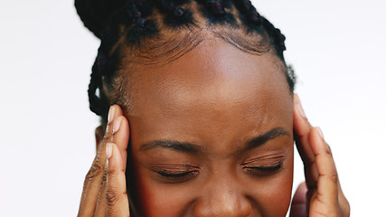 Image showing Closeup, headache and black woman with stress, burnout and health against a grey studio background. Zoom, African American female and girl with migraine, fatigue and frustrated with tension or strain