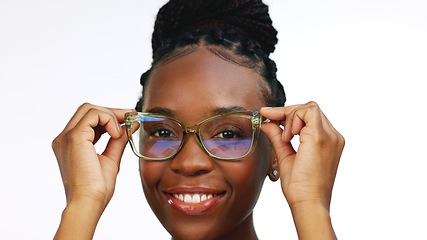 Image showing Face, black woman and glasses for clear vision, excited and happy girl isolated on white studio background. Portrait, African American female and lady with eyewear, smart or confident with spectacles