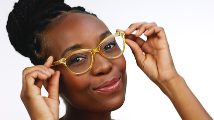 Image showing Face, black woman and glasses for vision, happiness and smart lady isolated on white studio background. Portrait, African American female and girl with eyewear, funny and goofy with joy and smile