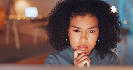 Image showing Night, thinking and computer with black woman in office for research proposal, project and satisfaction. Internet, technology and idea with employee in agency for information, confident or connection