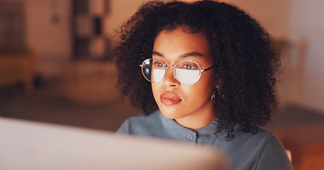 Image showing Reflection, black woman and employee with glasses, night and online reading in workplace, deadline or schedule. African American female entrepreneur, consultant or journalist with eyewear and reflect