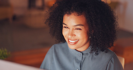 Image showing Night, smile and computer with black woman in office for research proposal, project and satisfaction. Internet, technology and idea with employee in agency for information, confident and connection