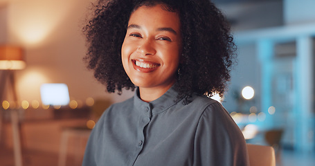 Image showing Face of happy woman in office at night working on computer at international, global or online internet company. Portrait of professional, young and biracial person with career, job or project mindset