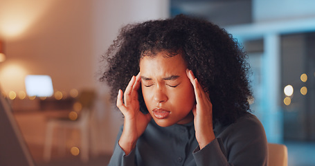 Image showing Stress, migraine and businesswoman in the office at night working on a corporate project with a deadline. Frustration, headache and tired professional female employee with burnout in the workplace.