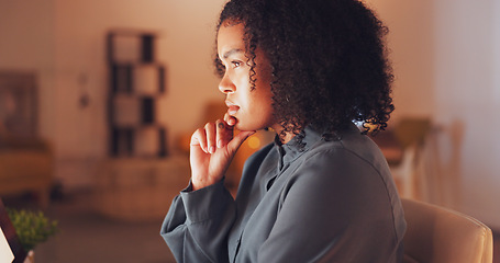 Image showing Night, computer and woman thinking, contemplating or ideas for internet review, data analytics or editing report. Serious biracial person brainstorming on desktop PC for online review or job research