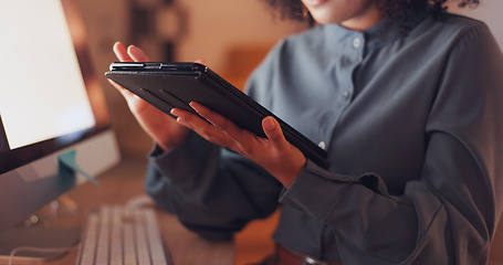 Image showing Technology, internet and information with employee browsing online for connection, website and deadline. Scrolling, tablet and hands of woman in office at night for research, overtime and analysis.