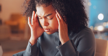 Image showing Burnout, night and woman with a headache in the office while working on a deadline corporate project. Stress, migraine and tired professional female business employee with frustration in workplace.