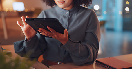 Image showing Scrolling, tablet and hands of woman in office at night for research, overtime and analysis. Technology, internet and information with employee browsing online for connection, website and deadline