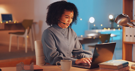 Image showing Laptop, customer service and working from home work with a business black womanat night for support. Contact us, smile and consulting with a happy female employee doing remote work in her house