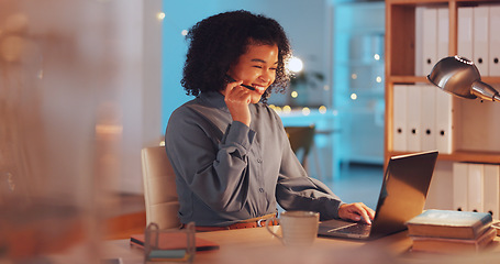 Image showing Call center, night and computer of woman, agent or consultant global discussion, tech support or online service. Friendly biracial person or business telecom worker in virtual conversation on laptop