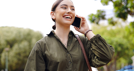 Image showing Business woman, phone call and walk in park with smile, happiness and excited for news, conversation or chat. Girl, laugh and happy with smartphone for networking, contact and communication in nature