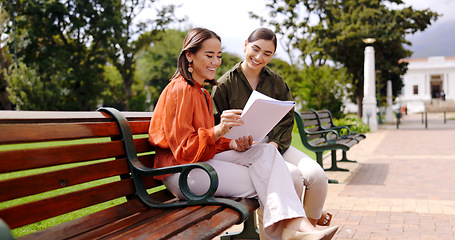 Image showing Women, friends and laughing at park on bench, bonding and talking together. Girls, outdoor and happiness of people in conversation, comic discussion or comedy and enjoying quality time for friendship