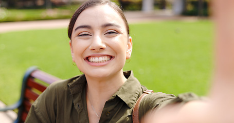 Image showing Selfie, hand gesture and face of woman at park taking pictures for social media with happy influencer.profile picture and person sitting outdoor taking photo for happy memory.