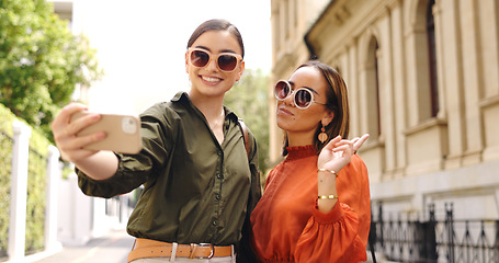 Image showing Phone, selfie and friends outdoor taking a profile picture together for social media. Digital, women and girl friend in a home with peace sign posing on a mobile for web app.