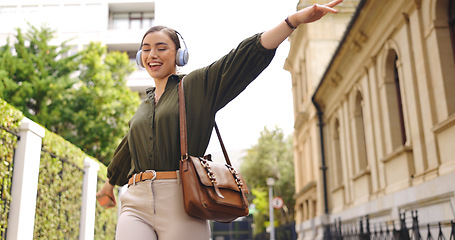 Image showing Freedom, celebration and asian woman in a street happy for good news, promotion or new job. Open arms, gratitude and female celebrating beginning, employment and success, winning and thankful