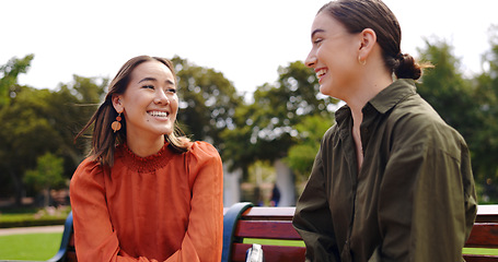 Image showing Friends sitting outdoor, happy excited on phone. funny conversation comic discussion or comedy and enjoying quality time for friendship