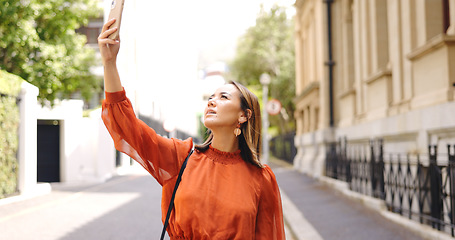 Image showing Bad, signal and phone call by asian woman walking in a city with internet, delay or glitch. Poor, connection and female worker searching for reception on smartphone with issue, problem or tech error