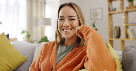 Image showing Relax, happy and face of woman on sofa for morning, break and smile on weekend. Happiness, mindfulness and rest with portrait of female in living rom at home for wellness, carefree and cheerful