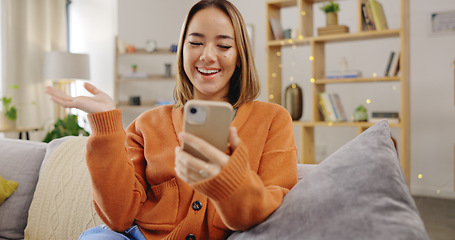 Image showing video call and woman outdoor, smile or wave in street, at home Female person, girl with smartphone, live streaming or online for social media relax and online for a conversation on social media or c