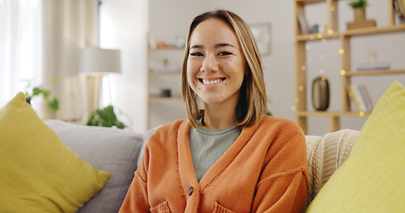 Image showing Relax, smile and face of woman on sofa for morning, break and happy on weekend. Happiness, mindfulness and rest with portrait of female in living rom at home for wellness, carefree and cheerful