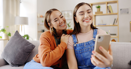 Image showing Selfie, smile and women or friends on sofa for social media, influencer content creation or digital memory and emoji face. Young, gen z people in profile picture, online photography and relax at home
