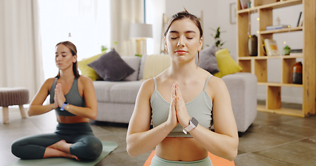 Image showing Yoga, friends and women with peace, meditation and fitness for balance, wellness and healthy lifestyle. Female people, happy girls and yogi in living room, chakra and zen for workout, lotus and calm