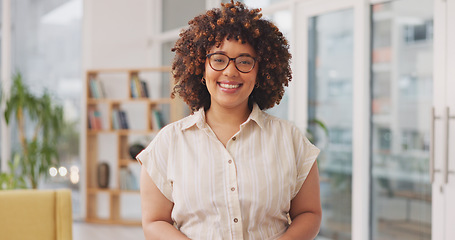 Image showing Happy, smile and face of a woman in the office with a positive, good and confidence mindset. Happiness, excited and portrait of a professional female employee from Mexico standing in modern workplace