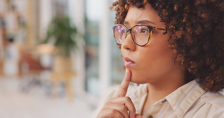 Image showing Thinking, woman wondering about a new idea in living room. Contemplating, woman wearing glasses planning a company report.