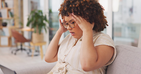 Image showing Confused, frustrated and woman with laptop on sofa with glitch, technical error and 404 mistake online. Technology, remote work and female worker upset, angry and stressed working on computer at home