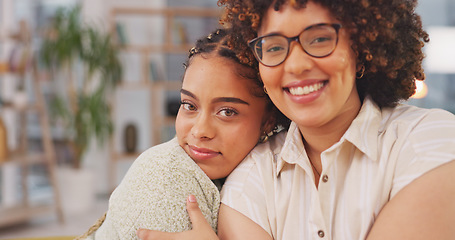 Image showing Woman, friends for selfie, vlog or profile picture together with facial expression at home. Happy women smiling for photo, memory or funny online social media post in friendshi